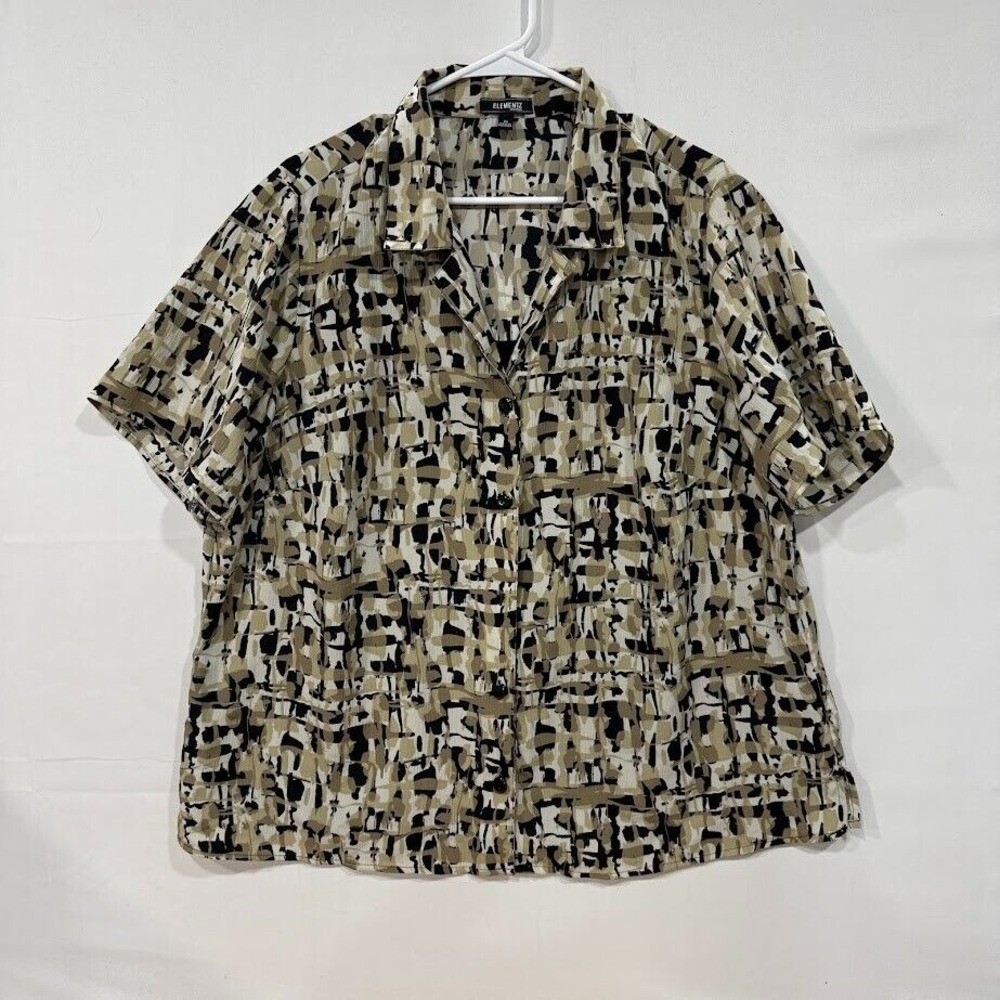 Elementz Woman Blouse Shirt Women's 2X Beige Black Abstract Print Button Up